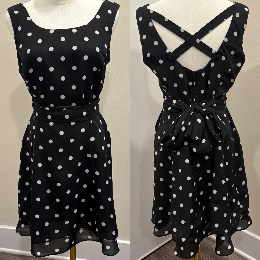 90s Scarlett Black White Polka Dot Fit Flare Dress Criss Cross Back Waist Tie S